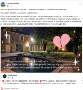 Capture publication sur Facebook perso le Mas des Flaneraies campagne st Valentin